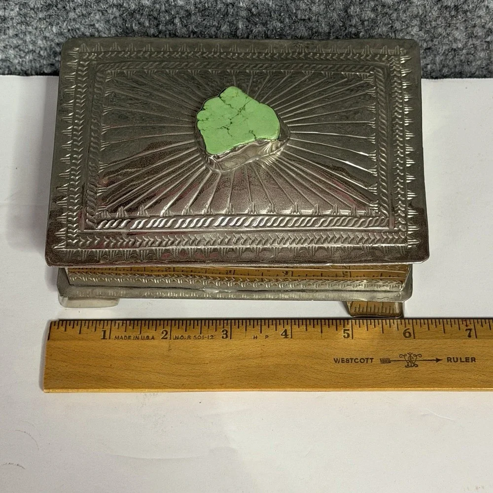 VINTAGE ALPACA SILVER  WITH INTRICATE DESIGN HINGED LID W/TURQUOISE ACCENT